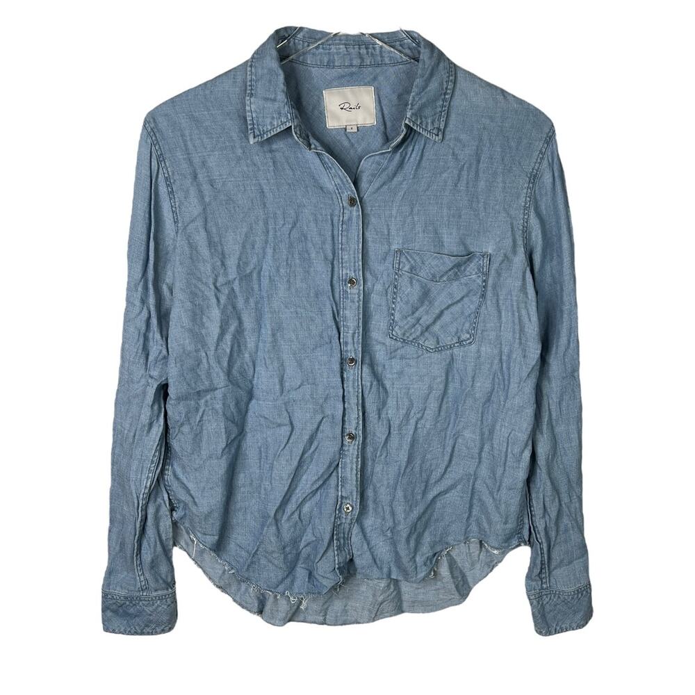 Rails Ingrid Raw Blue Long Sleeve Shirt Linen Chambray Blouse Womens Small